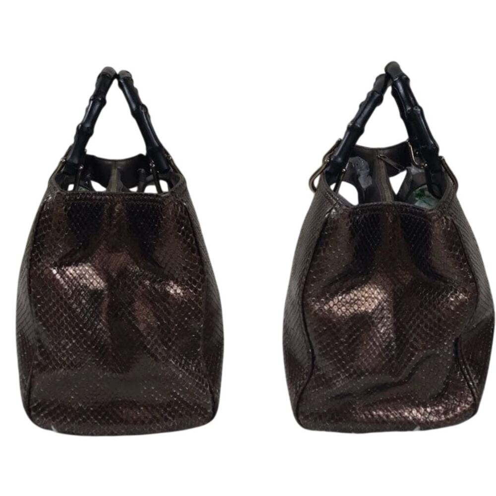 Gucci Bamboo Shopper Tote Bag Bronze-Toned Python Skin Black Bamboo Handle EUC - Picture 6 of 14